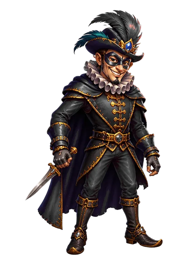The masked court shadow in a plumed hat and cloak.