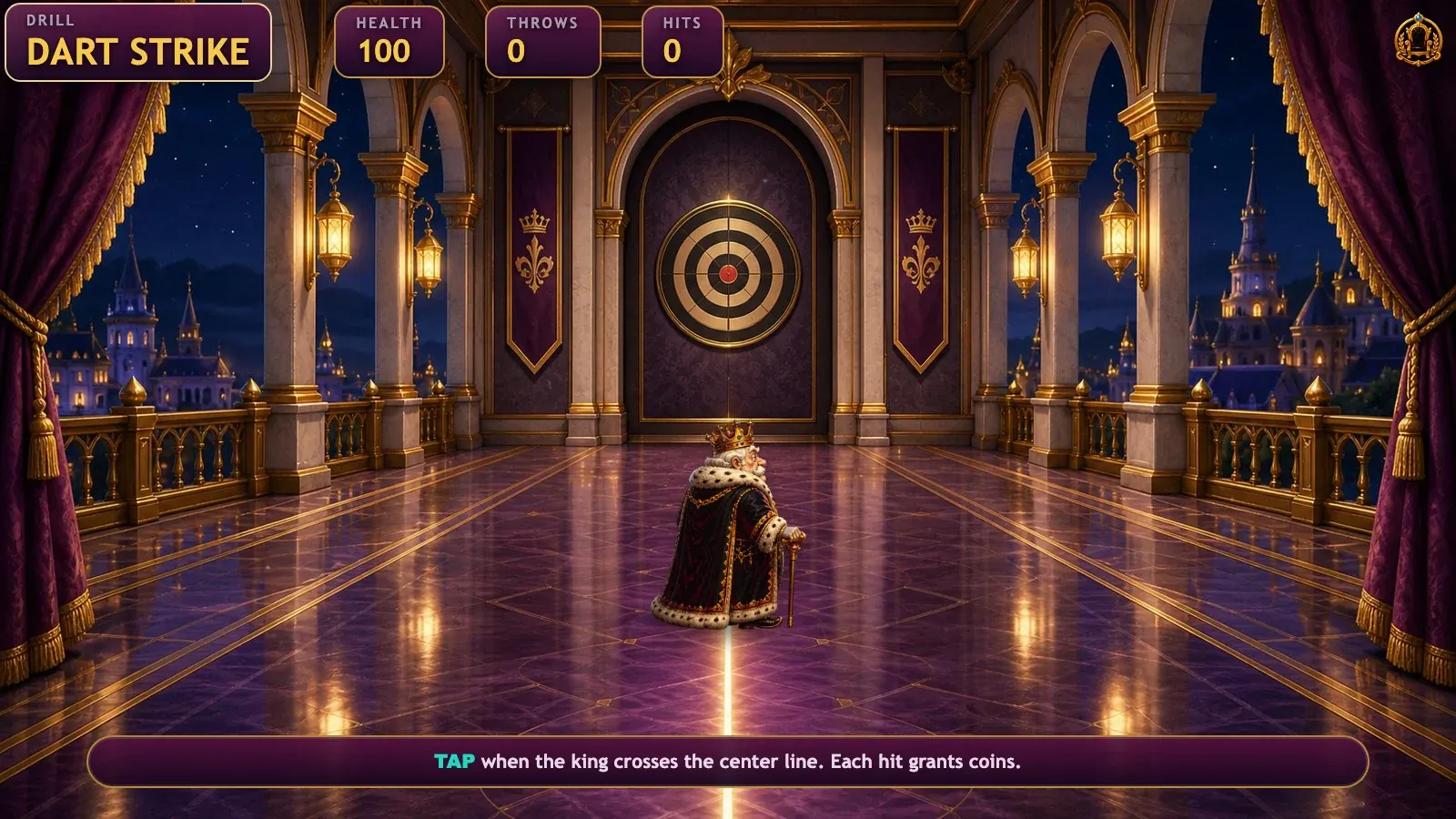 The dart hall with the target board, the lit centre line, and the king mid-patrol.