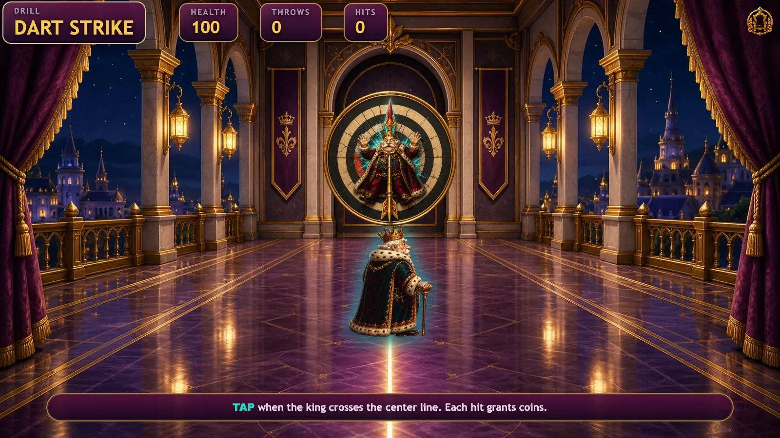 A dart striking the centre of the board while the king vanishes from the floor.