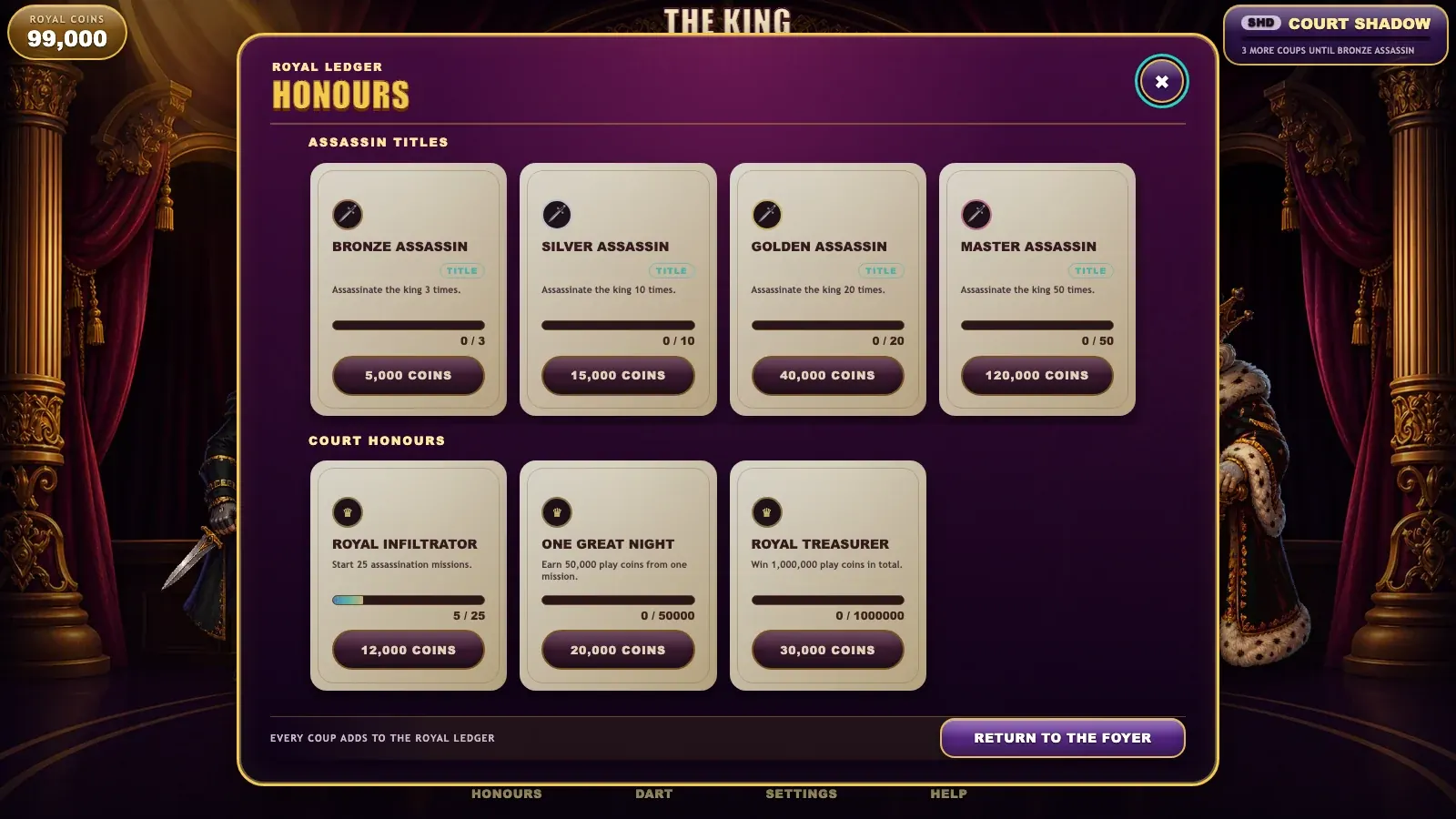 The Honours panel listing assassin titles and court honours with progress bars.