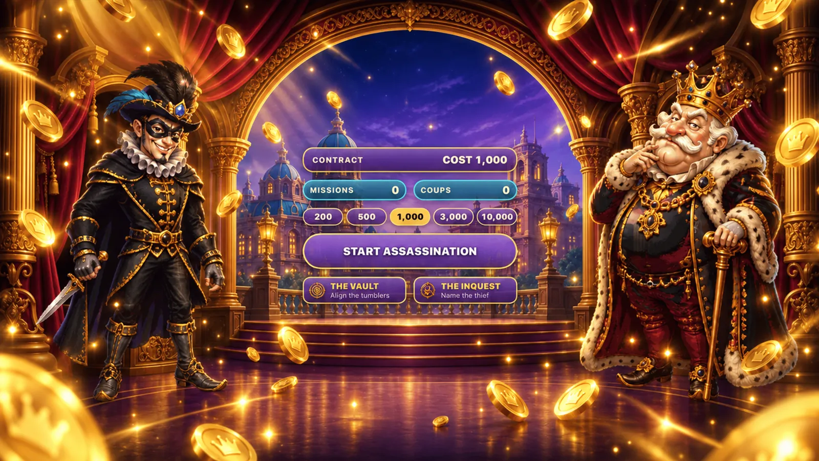 The foyer with the masked court shadow and the old king flanking the contract panel, gold coins showering the hall.