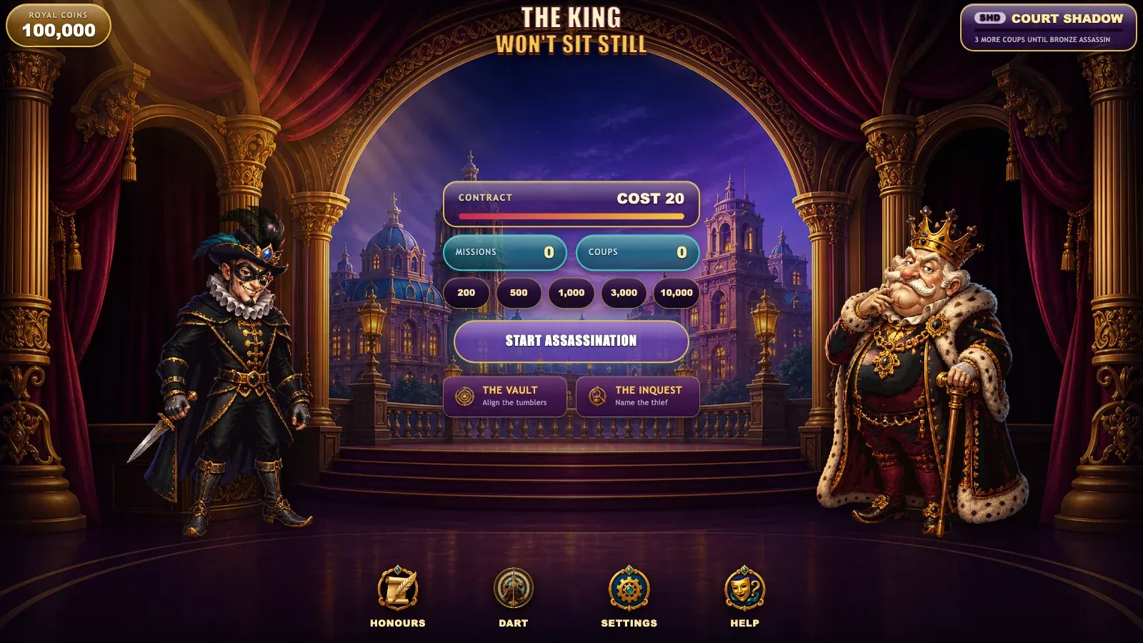 The game's foyer: royal coin balance, contract cost buttons, and the four court menu icons.