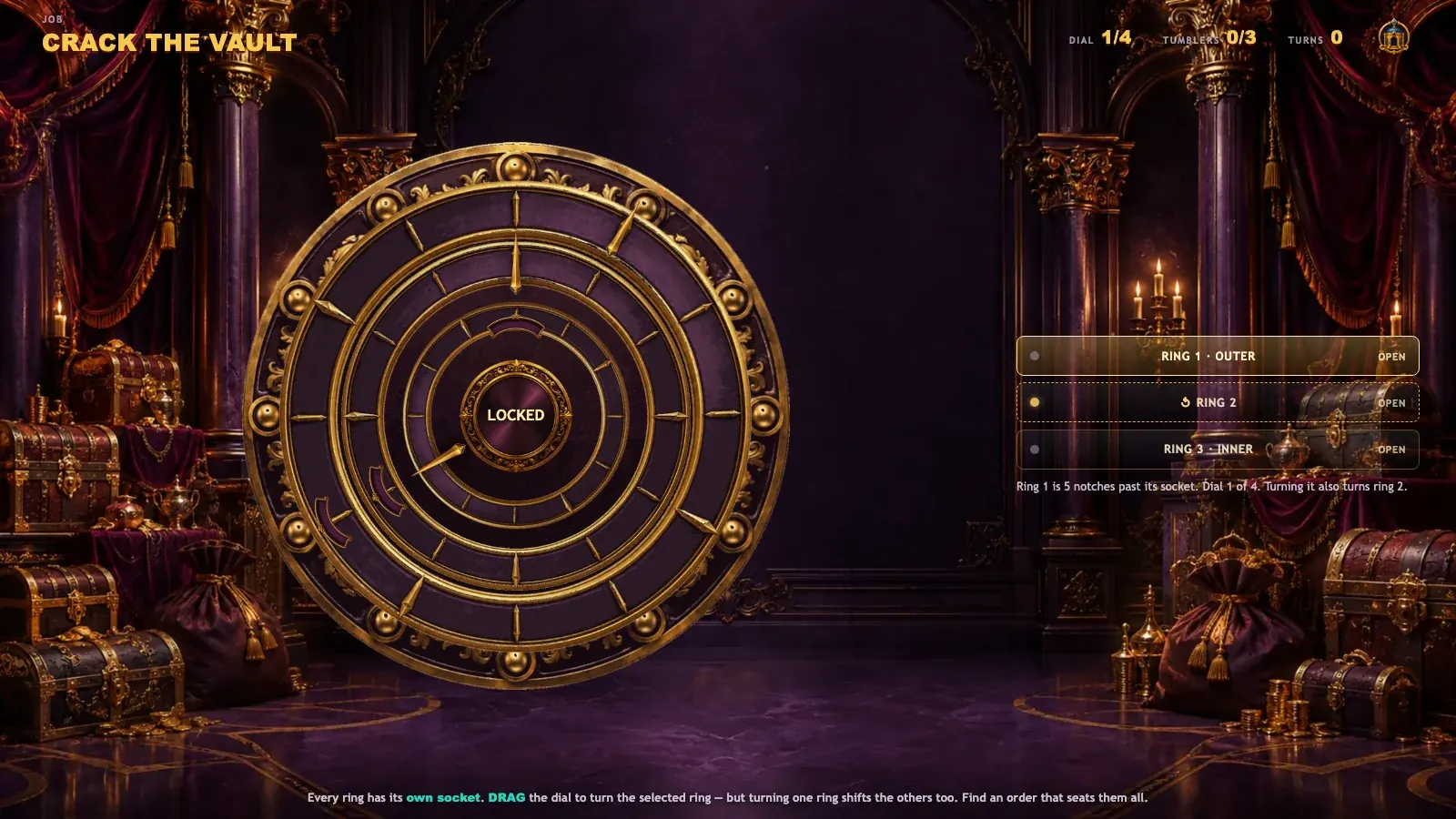 A vault dial with three concentric rings, the ring selector, and the readout naming which ring is short of its socket.